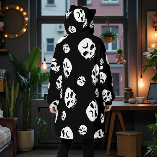 Gothic skull wearable blanket hoodie, spooky black lounge throw, cozy Halloween gift