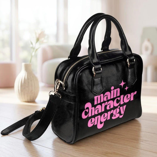 Black Bowler Bag, Pink Slogan Main Character Energy Handbag