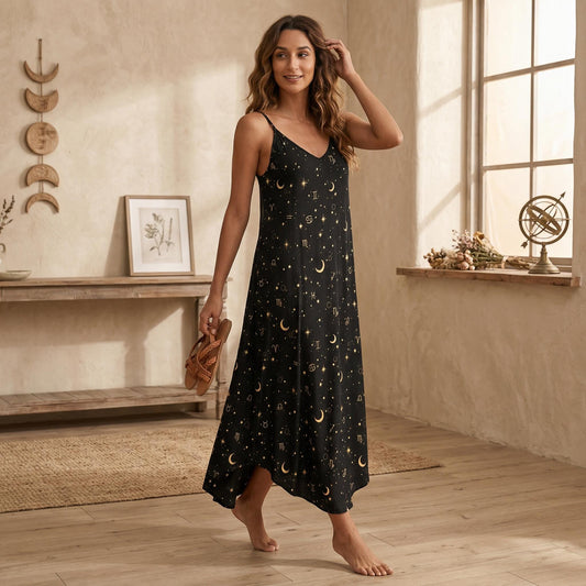 Astrology Maxi Dress, Zodiac Sign Slip Gown, Celestial Moon Star Boho Vacation Dress