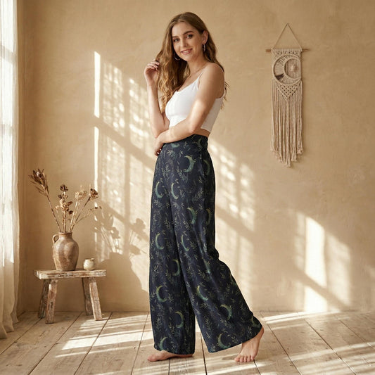 Crescent Moon Botanical Wide Leg Pants, High Waist Mystical Nature Trousers