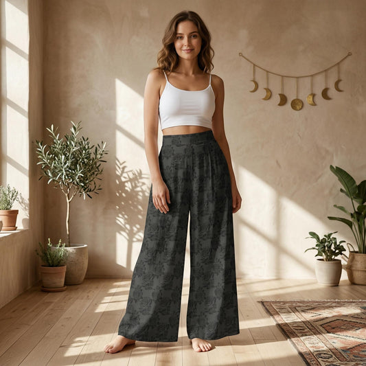 Gothic Floral Wide Leg Pants, Charcoal Rose High Waist Trousers
