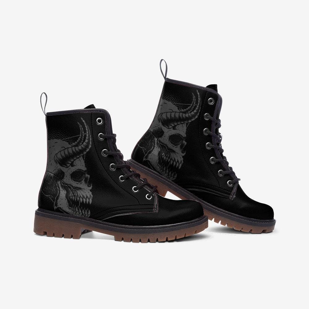 Gothic Skull Vegan Leather Combat Boots, Unisex Punk Lace-Up Ankle Shoes