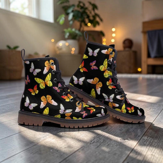 Butterfly Combat Boots, Vegan Leather Ankle Shoes, Colorful Nature-Inspired Chunky Boots, Unisex Lace-Up Footwear