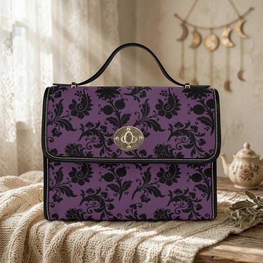 Purple Damask Top Handle Handbag, Victorian Baroque Floral Evening Purse