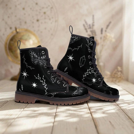 Celestial Butterfly Combat Boots, Witchy Festival Lace-Up Footwear, Star Pattern Vegan Leather