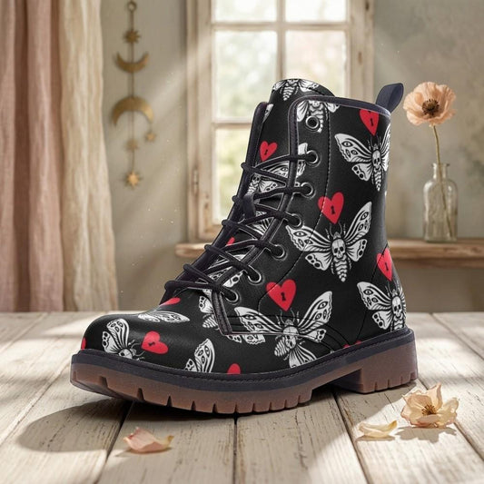 Gothic Moth Combat Boots, Vegan Leather Lace-Up, Edgy Unisex Biker Style, Festival, Dark Fashion