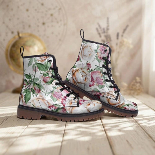 Vintage Floral Combat Boots, Cottagecore Lace Up Booties, Soft Girl Aesthetic Shoes, Pastel Garden Core Shoes, Romantic Floral Ankle Boots