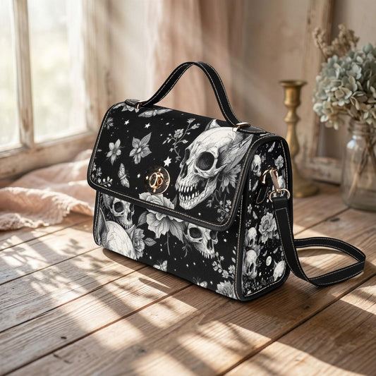 Rose skull pattern satchel, black floral crossbody purse, eerie butterfly print handbag