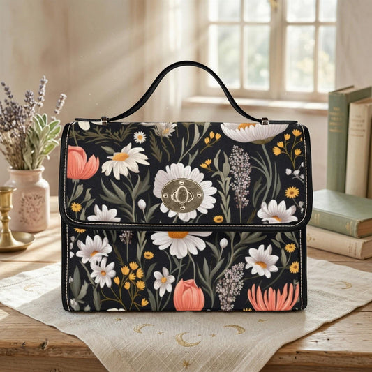 Daisy Floral Satchel, Cottagecore Handbag, Botanical Print Tote, Vegan Leather, Fairycore Bag