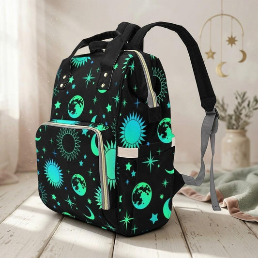 Celestial Diaper Backpack, Teal Moon Sun Star Mom Bag, Cosmic Nursery Organizer, Witchy Space Print Travel Bag