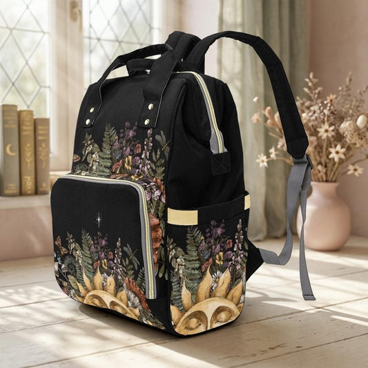Diaper Backpack with Woodland Floral Print, Mom Baby Travel Bag, Forest Nursery Organizer