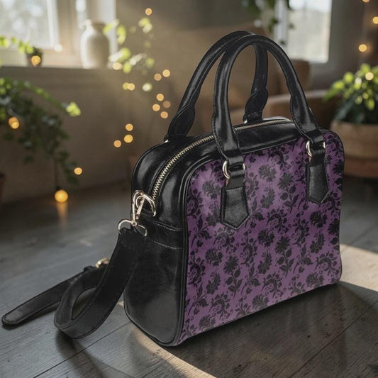 Purple Damask Purse, Victorian Top Handle Bag, Baroque Gothic Handbag