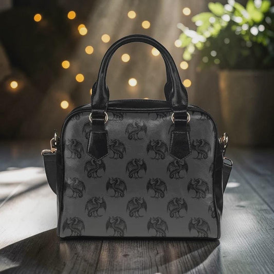 Raven Print Handbag, Black Bowler Purse, Witchy Satchel Bag for Dark Academia Style