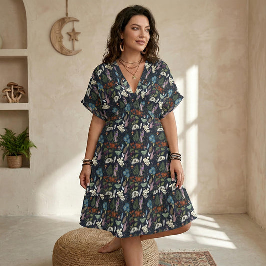 Mushroom Floral Babydoll Dress, Dark Woodland V Neck Mini Sundress