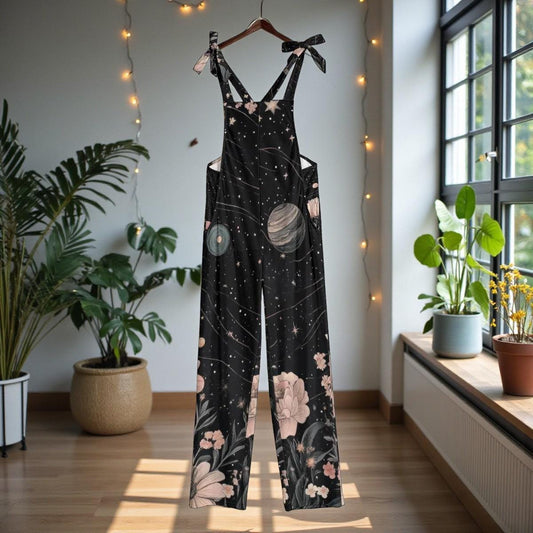 Celestial floral jumpsuit, galaxy print overalls, cosmic boho festival outfit, witchy space clothing for women