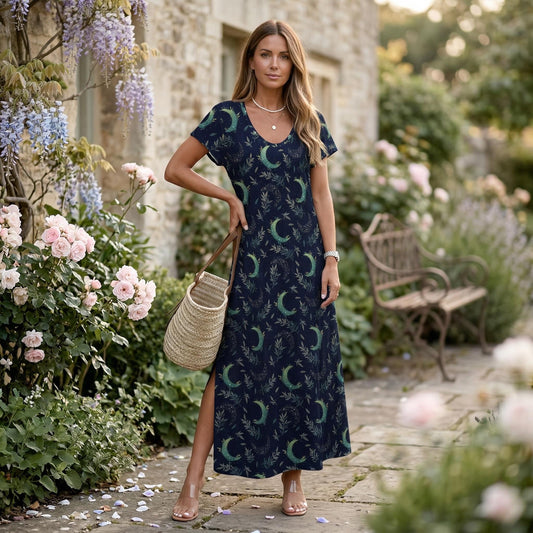 Navy Crescent Moon Maxi Dress, Celestial Side Slit Dress, Witchy Boho Outfit for Women