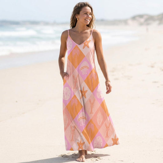 Pastel Beachcore Maxi Dress, Coastal Vibes Summer Dress, Y2K Soft Girl Aesthetic Sundress, Pink Ocean Shell Dress, Mermaidcore Outfit