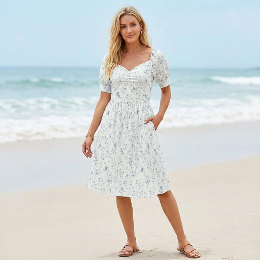 Blue Ditsy Floral Midi Dress, Puff Sleeve Romantic Summer Garden Party Outfit