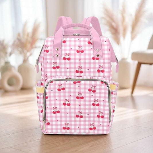 Cherry Diaper Bag Backpack, Pink Gingham Baby Travel Bag, Mom Backpack Organizer