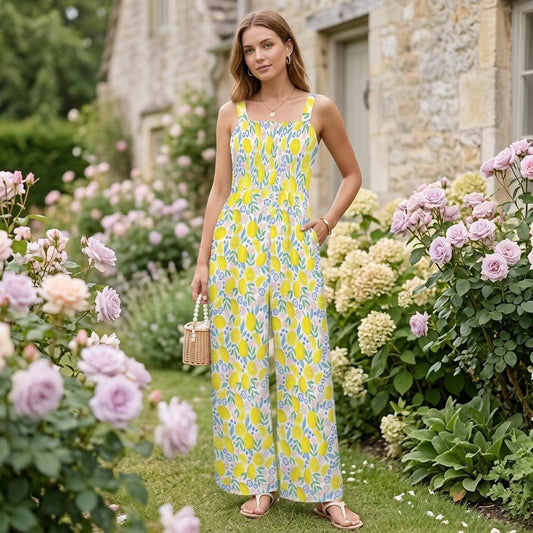 Lemon Print Wide Leg Jumpsuit, Citrus Summer Romper, Amalfi Coast Vacation Outfit