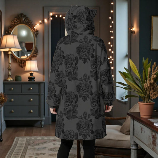 Dark Floral Oversized Hoodie Blanket, Black Rose Wearable Lounge Fleece