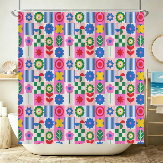 Retro flower shower curtain, dopamine overload bathroom decor, bold 70s pop art style, colorful maximalist home aesthetic, y2k gift ide
