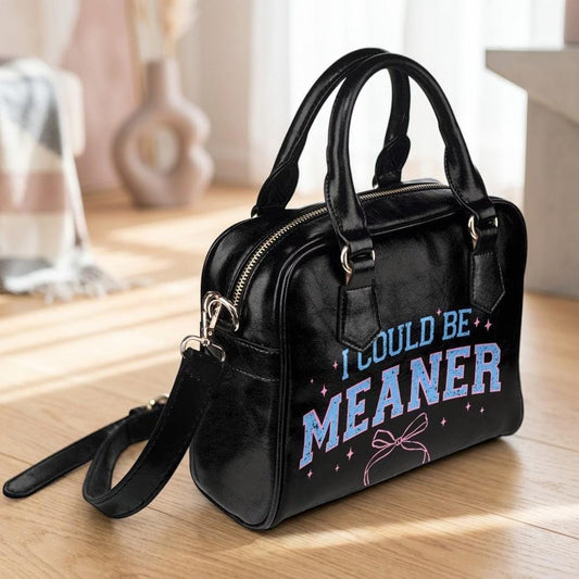 Black Varsity Bowler Bag, "I Could Be Meaner" Quote, Pink Blue Attitude Satchel