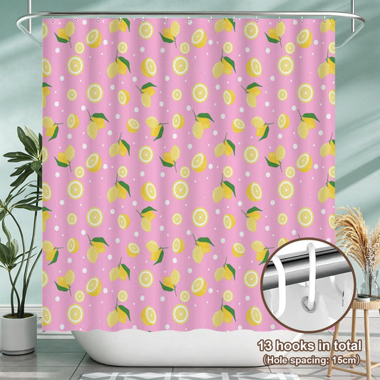 Lemon Shower Curtain, Pink Citrus Floral Print, Dopamine Decor