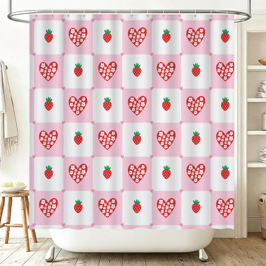 Strawberry Shower Curtain, Pink Check Bathroom Curtain, Coquette Heart Bath Decor