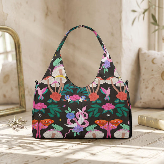 Dark Cottagecore Hobo Bag, Snake Frog Moth Floral Mushroom Slouch Purse