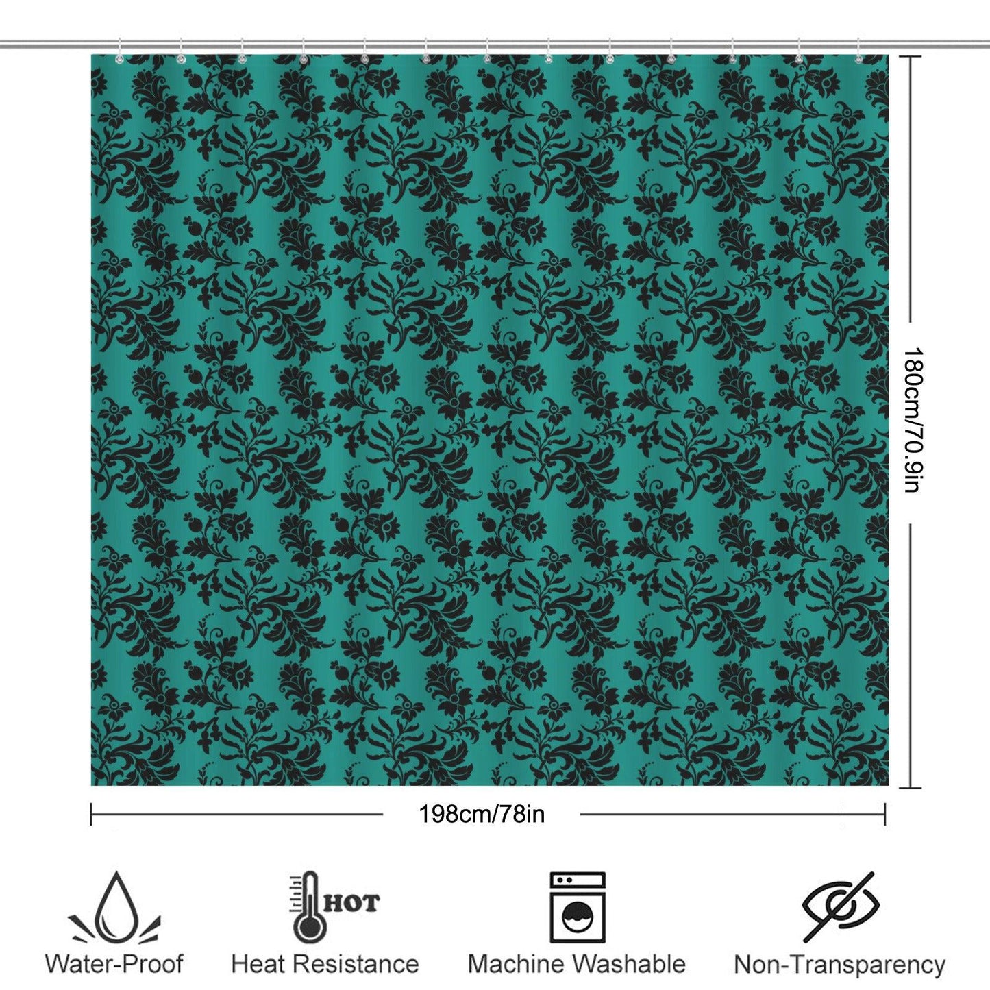 Teal Black Damask Shower Curtain, Victorian Jewel Tone Bathroom Decor