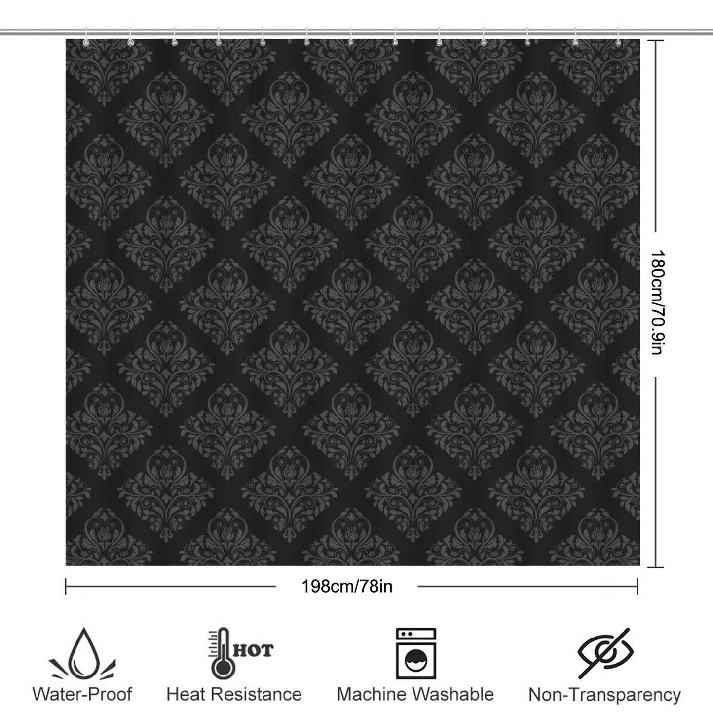 Black Damask Shower Curtain, Gothic Victorian Baroque Print, Dark Moody Bathroom Decor