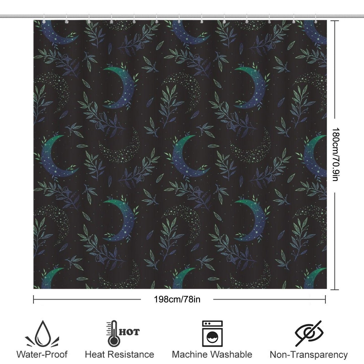 Moon Botanical Shower Curtain, Teal Crescent Moon Leaf Bath Decor