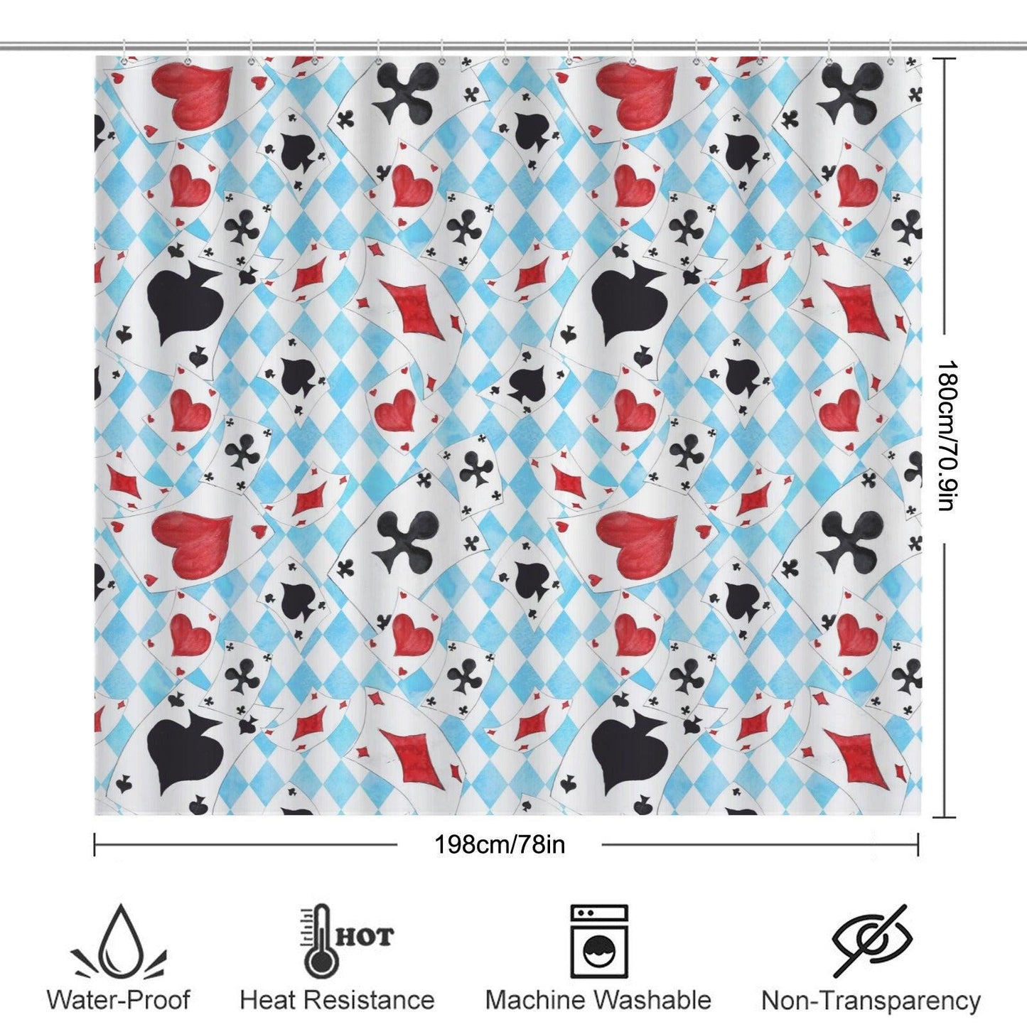 Playing Card Shower Curtain, Blue Harlequin Diamond Bath Curtain, Red Heart Spade Suits