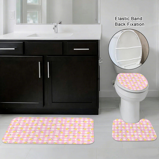 Pink Lemon Gingham Bathroom Rug Set, Summer Citrus Bath Mat Trio