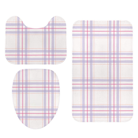Plaid Bathroom Rug Set, Lavender Pink Bath Mat Trio, Preppy Cottage Toilet Contour Rug