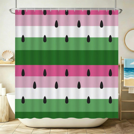 Watermelon Shower Curtain, Pink Green Fruit Stripes, Modern Bathroom Decor