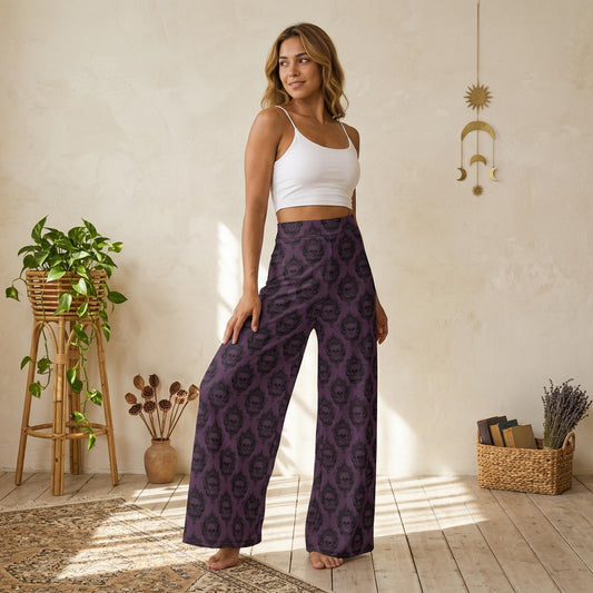 Purple Floral Skull Wide Leg Pants, Victorian Baroque Trousers, Dark Romantic Outfit Bottoms