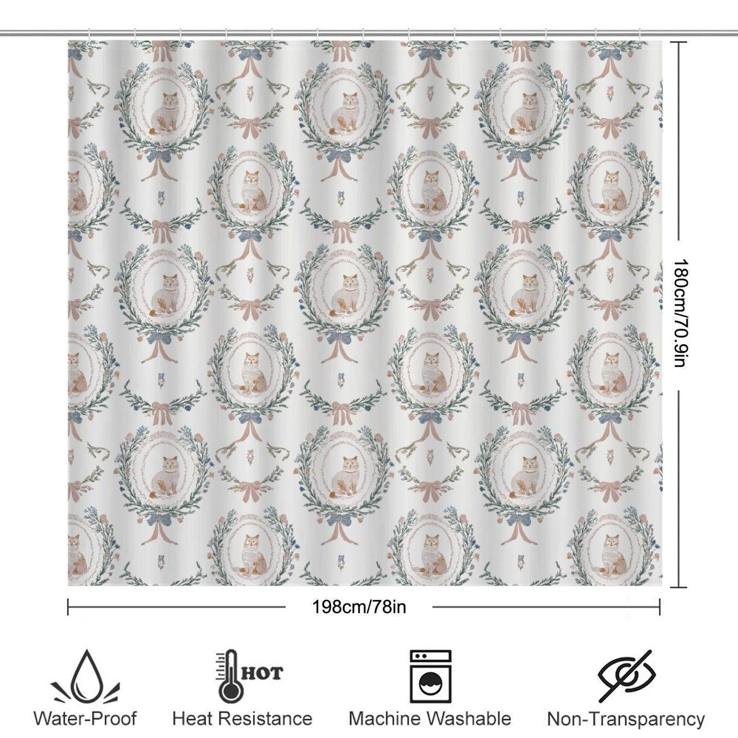 Cat Lover Bathroom Rug Set, Vintage Toile Floral Toilet Mat, Cottage Kitten Decor