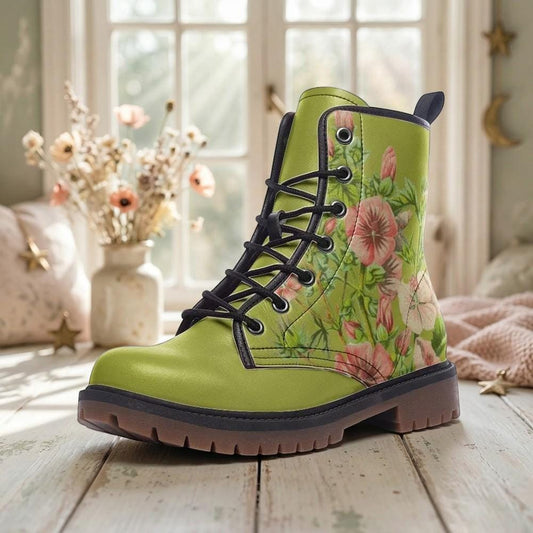 Green Floral Combat Boots Cottagecore Botanical Lace Up Punk Shoes Nature Festival Footwear