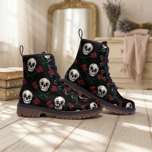 Skull Roses Combat Boots – Gothic Pastel Goth Biker Footwear Alternative Style