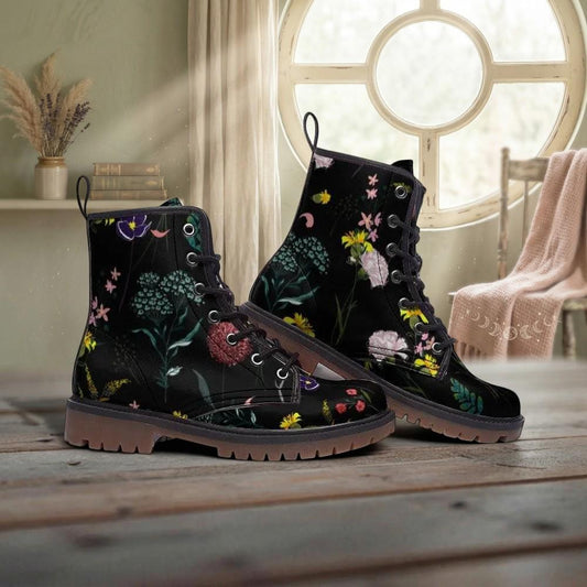 Wildflower Botanical Combat Boots, Vegan Leather Floral Ankle Footwear, Garden Festival Chunky Boots