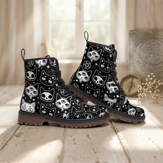Witchy Cat Combat Boots, Occult Skull Pattern Shoes, Alternative Gothic Fashion, Moon and Feline Style
