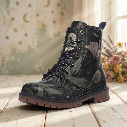 Golden Sun Moon Combat Boots, Celestial Floral Witchy Festival Shoes, Mystical Luminous Style