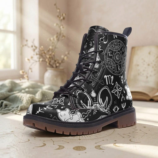 Zodiac Circle Combat Boots, Vegan Leather Astrology Lace-Up Shoes for Witchy, Celestial, Esoteric Fashion