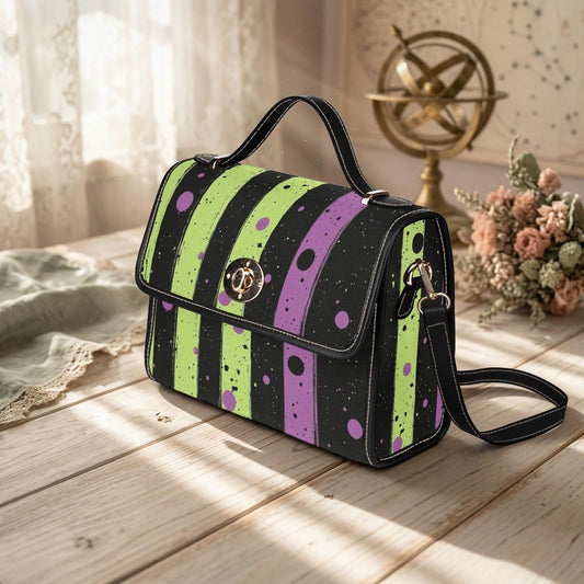 Spooky striped handbag, Lime green and purple purse, Halloween splatter print bag, Gothic party top handle bag, Witchcore statement satchel