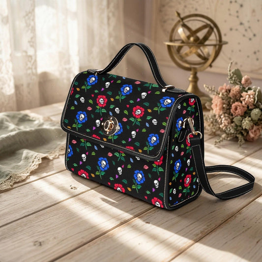Skull Floral Satchel Bag, Spooky Pastel Goth Crossbody Purse