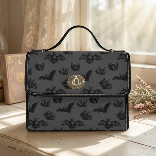 Gothic Bat Print Top Handle Bag, Spooky Cute Structured Shoulder Purse, Halloween Dark Neutral Satchel