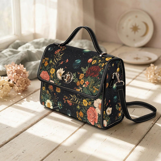 Celestial Floral Satchel Bag, Dark Botanical Top Handle Purse, Moon Garden Handbag