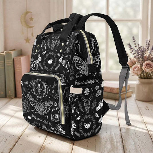 Occult Diaper Bag Backpack, Monochrome Witchy Mom Bag, Mystical Baby Travel Backpack